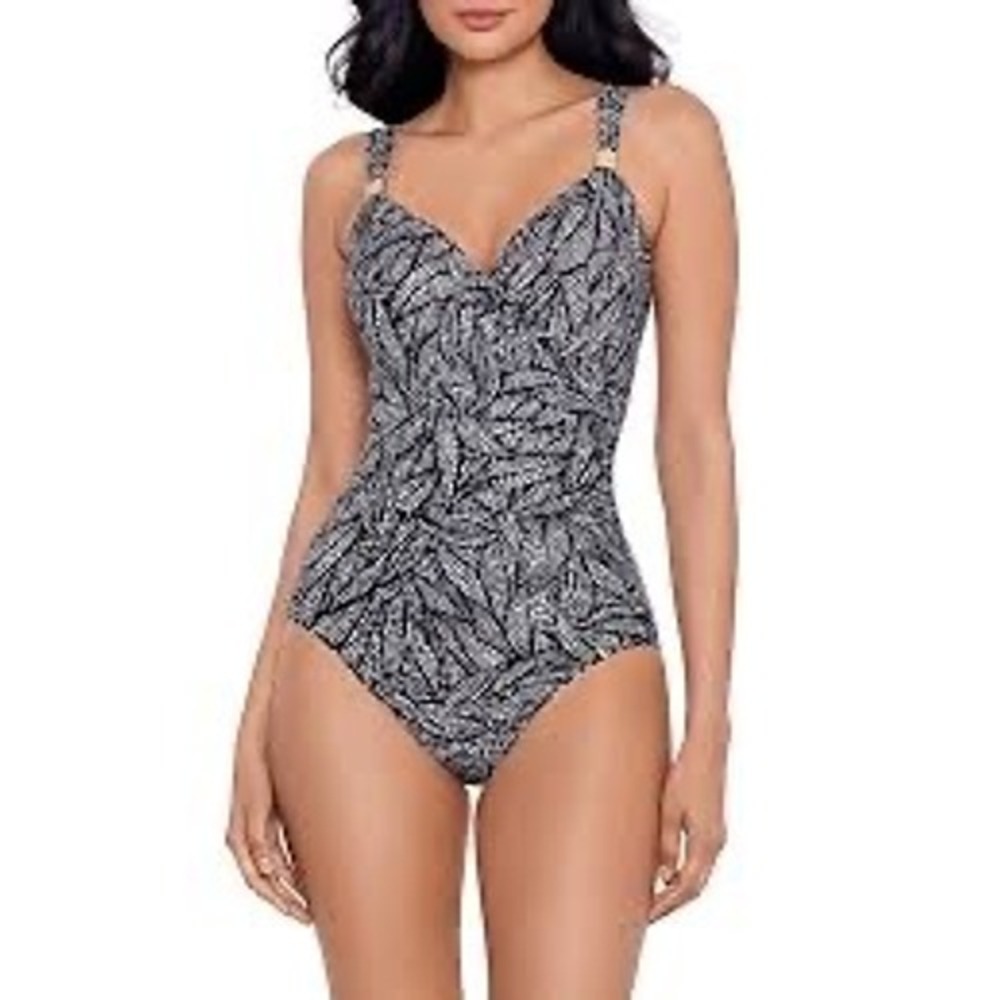 NWT Miraclesuit Siren One Piece Swimsuit Women Black White Gold Foil 14 $198